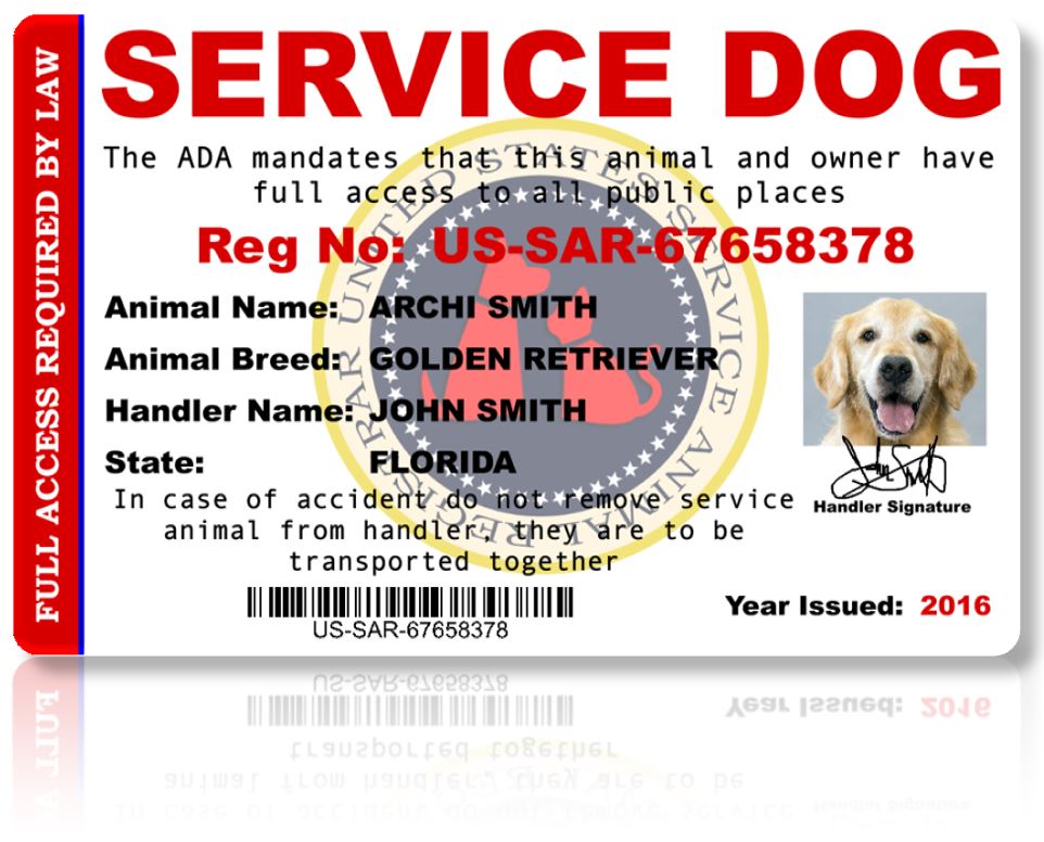 Front of Service Dog Registration ID Card